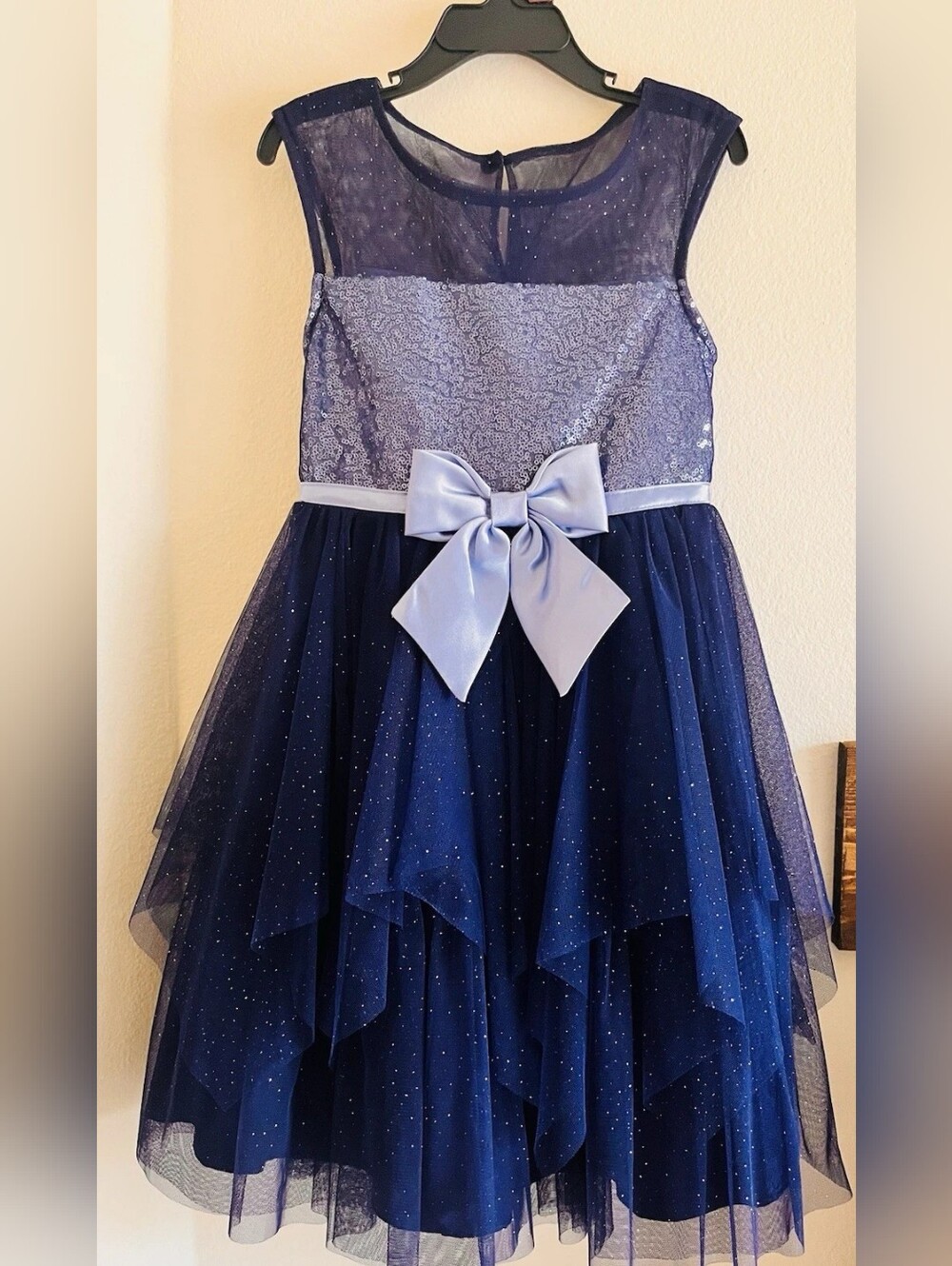 Girls Navy Sparkle Tulle Party Dress with Satin Bow
